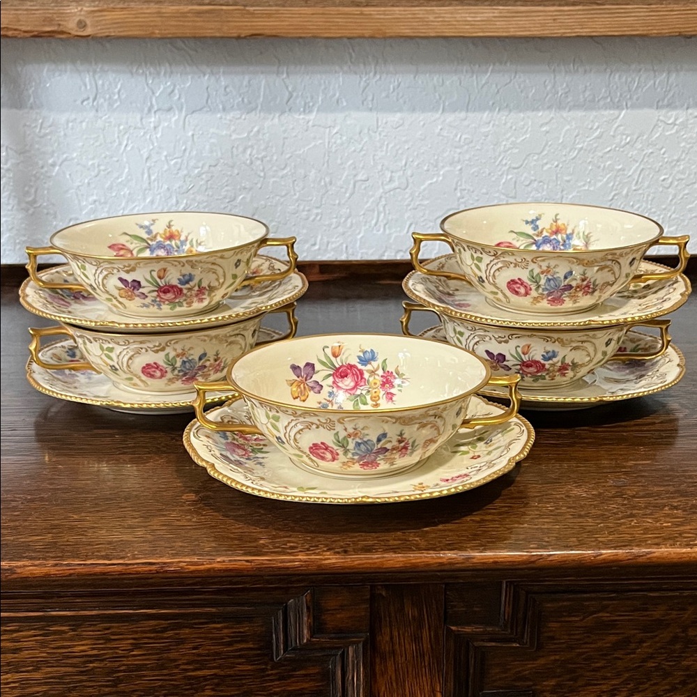 Rosenthal Ivory China, Double Handled Soup Bowl with Saucer. Set of 5.